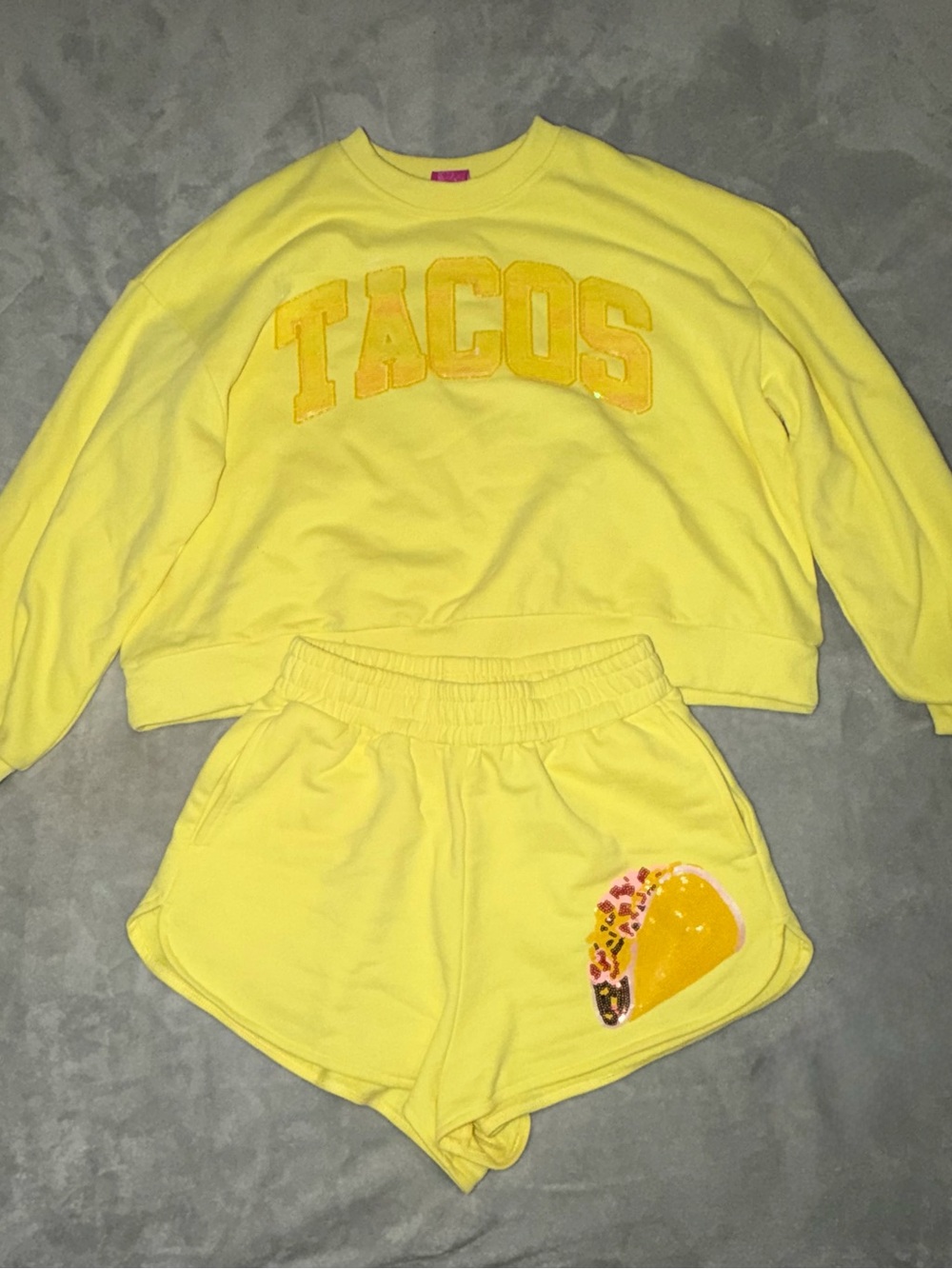 QUEEN OF SPARKLES Yellow 'TACOS' Sweatshirt and Shorts Set